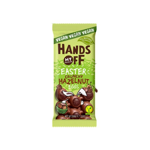 Hands Off Crunchy Hazelnut Eggs chocolade reep 100g